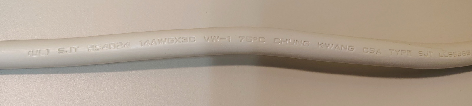 Power-cord markings showing SJT construction, 14 AWG conductors, UL file number E54024, and Chung Kwang manufacturer identification.