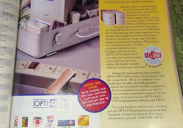 Advertisement detail showing the $25,000 connected-equipment guarantee and free OPTI-SAFE+ software promotion.