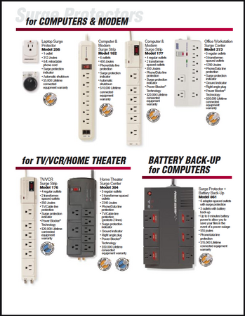 PowerSentry surge-protection products marketed for computers, modems, office workstations, and battery-backup applications.