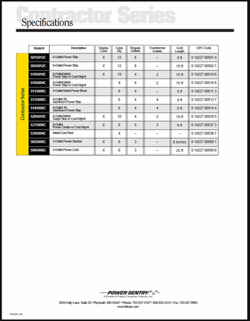 Specifications page documenting outlet counts, transformer-spaced outlets, cord lengths, packaging, and UPC codes.