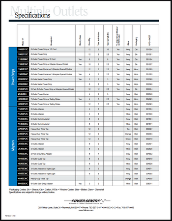 Specifications page documenting outlet counts, cord lengths, circuit-breaker configurations, and UPC codes for the PowerSentry Multiple Outlets product line.