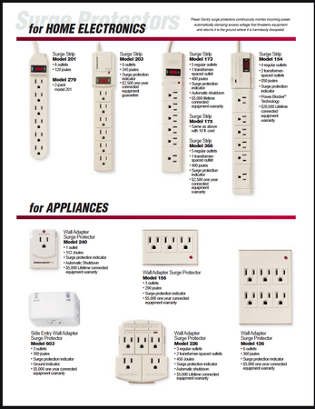 PowerSentry surge-protection products marketed for home electronics, appliances, and wall-mounted applications.