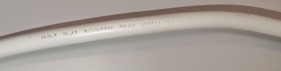 CWCO SJT 14/3 cord marking with UL file E55178 and VW-1 rating.