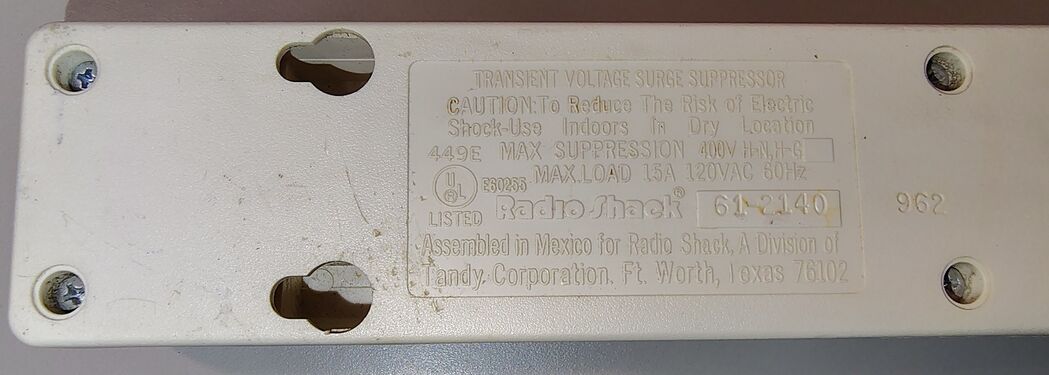 Product information label identifying the Radio Shack 61-2140 Appliance Surge Protector and its electrical ratings.