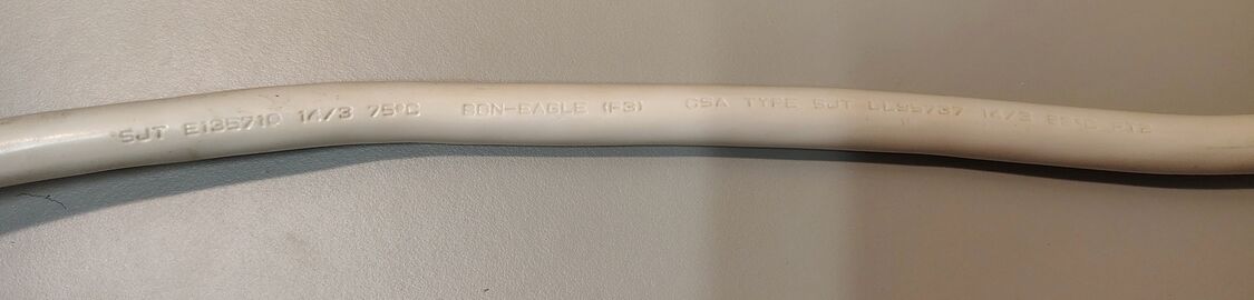 Bon-Eagle SJT 14/3 cord marking from Radio Shack 61-2140 Appliance Surge Protector.