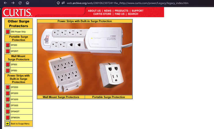 Archived June 2001 Curtis website depicting related wall-mounted surge protectors including models SP500 and SP550.