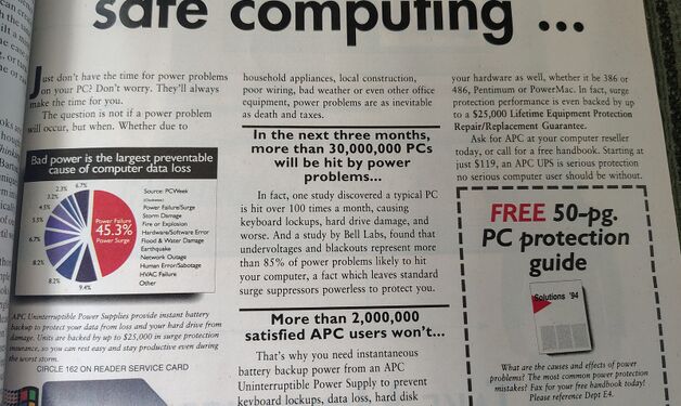Advertisement detail showing the APC Back-UPS 400 and key marketing claims.