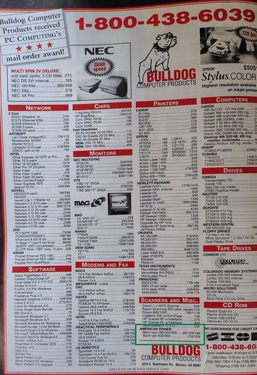 Bulldog Computer Products advertisement showing APC Back-UPS pricing.