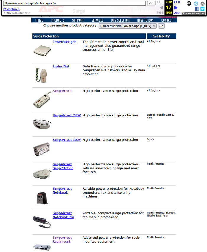 Archived APC surge-protection product lineup captured in November 1999.