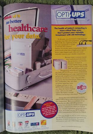 Full-page Opti-UPS E-Series advertisement published in PC Magazine, July 1995.