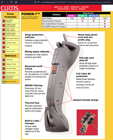 Archived February 2001 Curtis website advertising the POWER-7 series surge protectors.