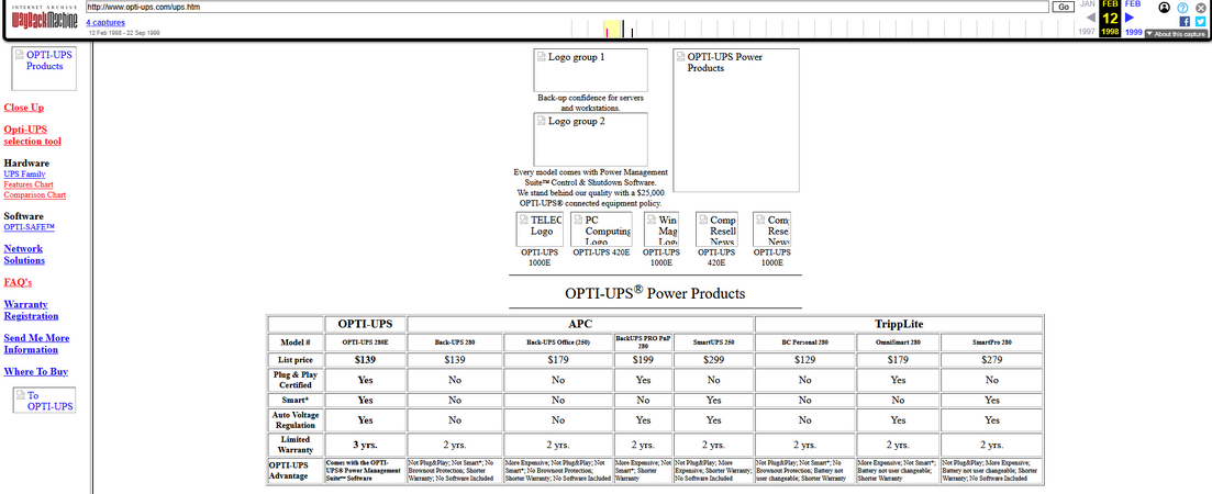 Archived Opti-UPS comparison chart showing 280E product positioning against APC and Tripp Lite competitors.