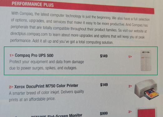 Detail showing the Compaq Pro UPS 500 listing.