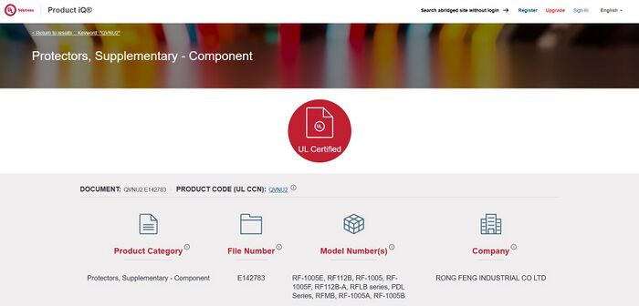 UL certification information for the RONG FENG RF-112B circuit-breaker series documented within the COXOC CO-001S.