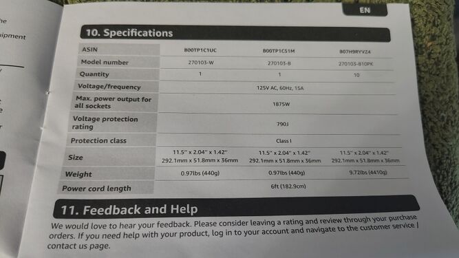 Specifications for the 270103 product family.