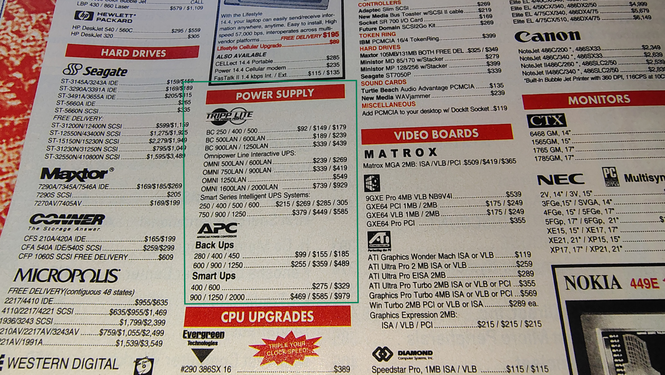 Power-supply section showing APC and Tripp Lite pricing.