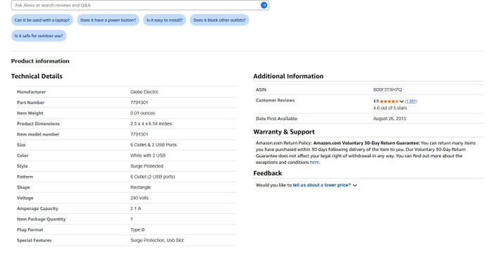 Amazon product-information page showing technical specifications and August 26, 2013 catalog availability date.