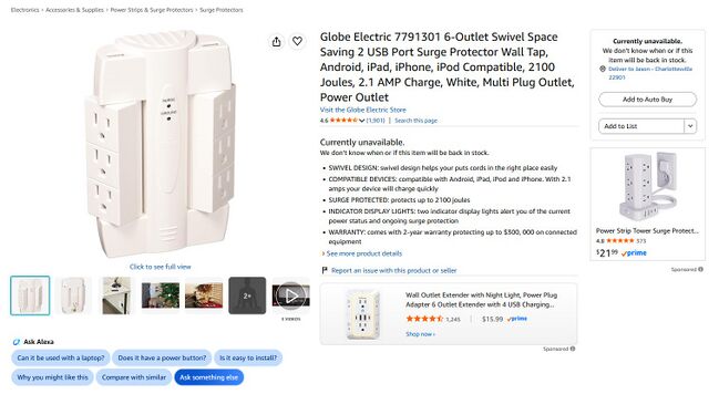 Archived Amazon listing identifying Globe Electric item 7791301 as a 6-Outlet Swivel Space Saving 2 USB Port Surge Protector Wall Tap.
