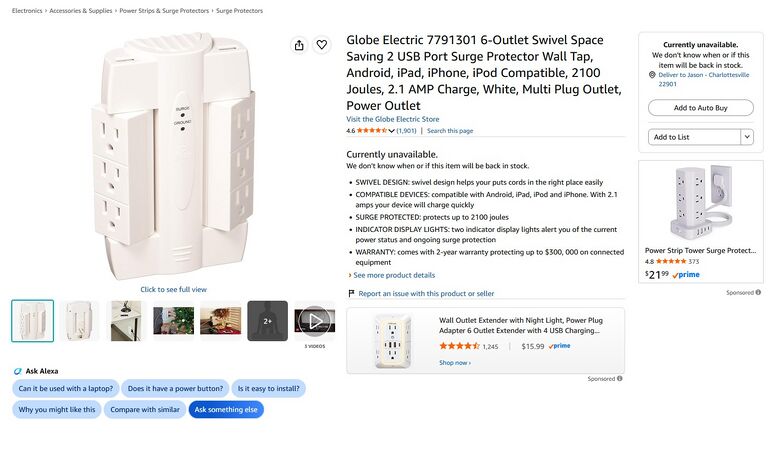 Amazon.com listing identifying the unit as a 6-Outlet Swivel Space Saving 2 USB Port Surge Protector Wall Tap.