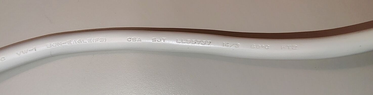 Additional view of the 14/3 SJT power cord markings.