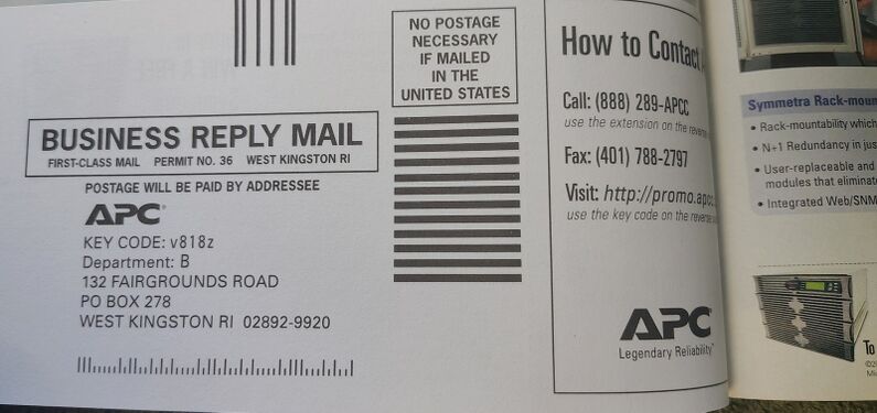 Business reply card included with the Symmetra RM advertisement.