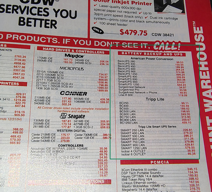 Power-protection pricing section showing APC and Tripp Lite products.