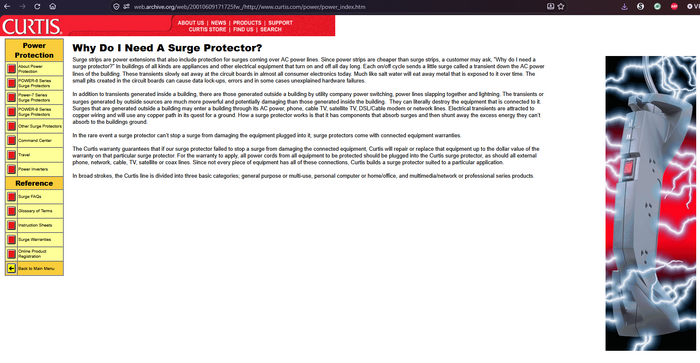 Archived February 2001 Curtis website explaining surge-protection concepts and product applications.