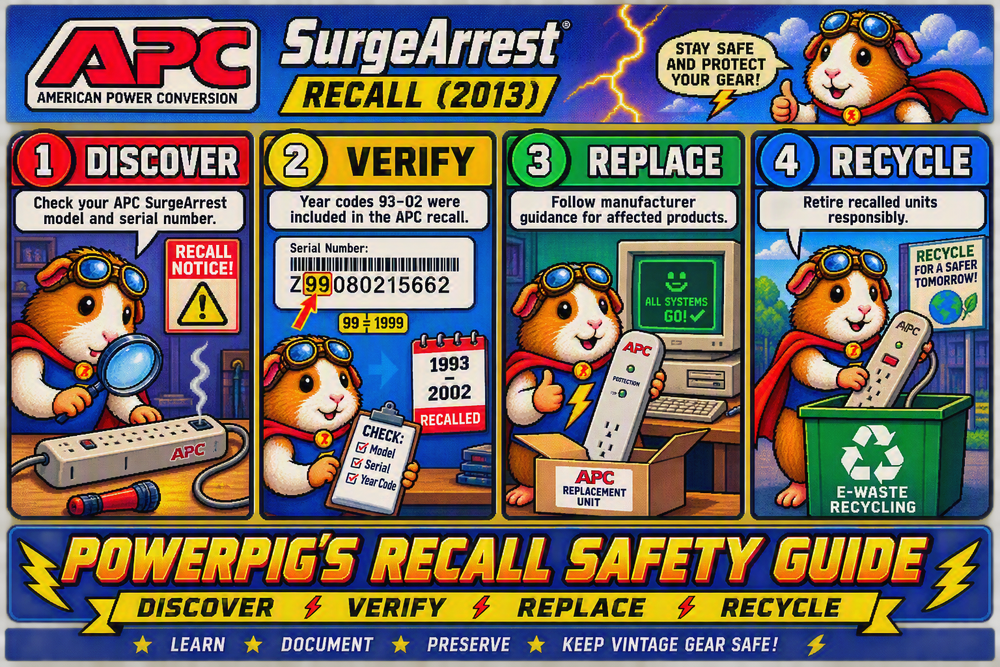 PowerPig's Recall Safety Guide illustrating the APC SurgeArrest recall process: Discover, Verify, Replace, and Recycle.