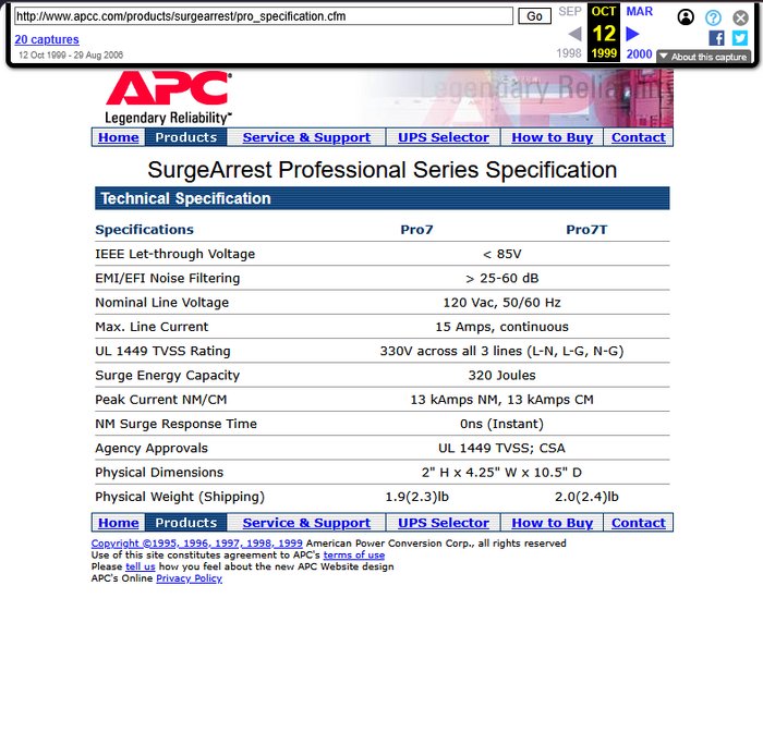 Archived APC website specification page for the SurgeArrest Professional Series including the PRO7 and PRO7T models, captured in October 1999.