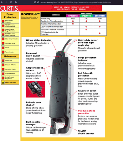 Archived February 2001 Curtis website advertising the POWER-9 series surge protectors.