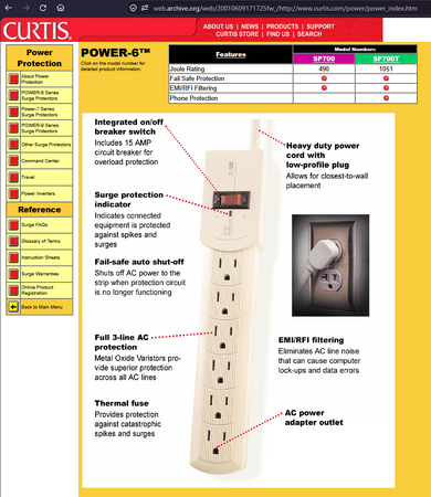 Archived February 2001 Curtis website advertising the POWER-6 series surge protectors.