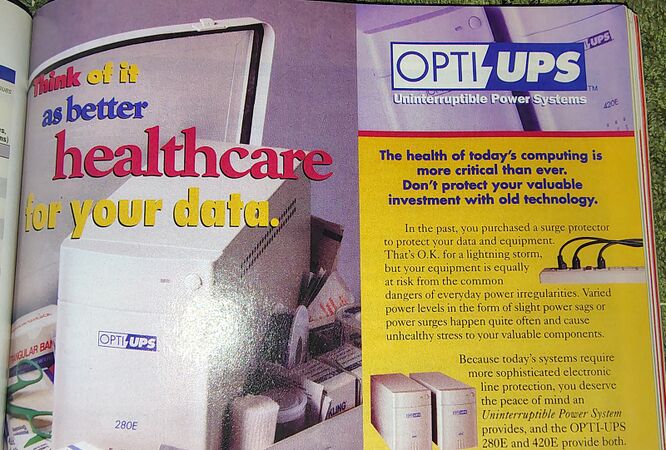 Advertisement detail highlighting line conditioning, ANSI/IEEE 587 compliance claims, and protection against blackouts, brownouts, surges, sags, and electrical noise.